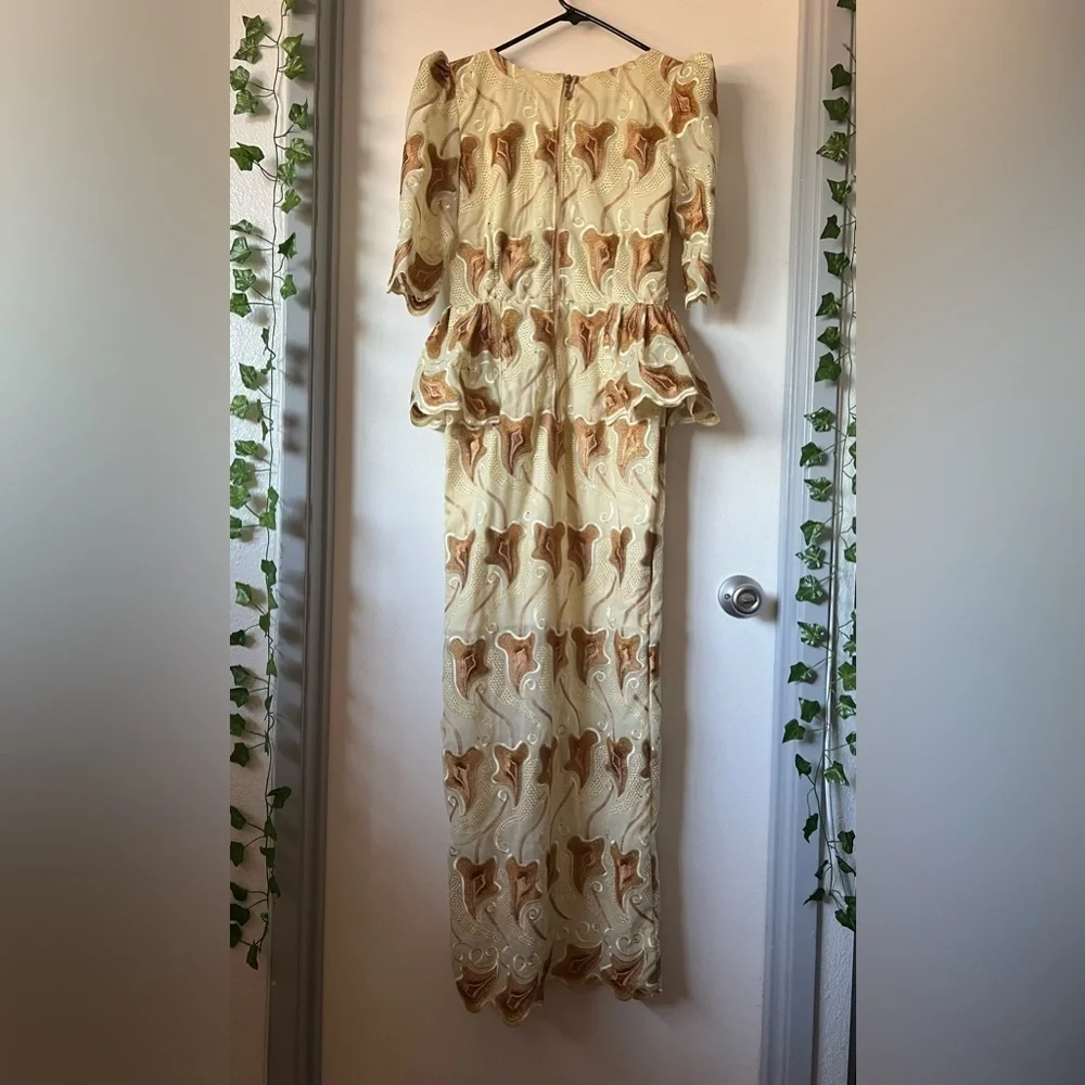 Handmade elegant women’s special occasion peplum gown in brown yellow Size S - Picture 8 of 14